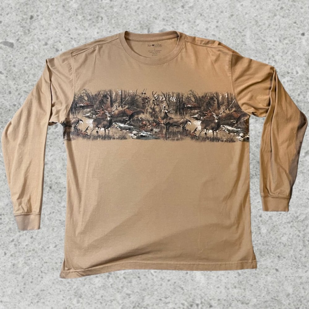 Y2K Double Sided Deer Print Khaki Color Long Sleeve Size Xl